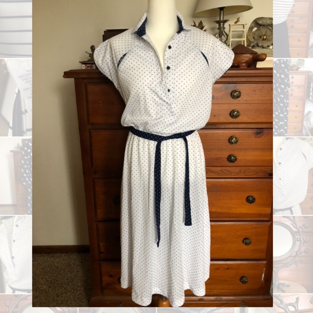 Vintage handmade Navy Blue Polka dot Dress